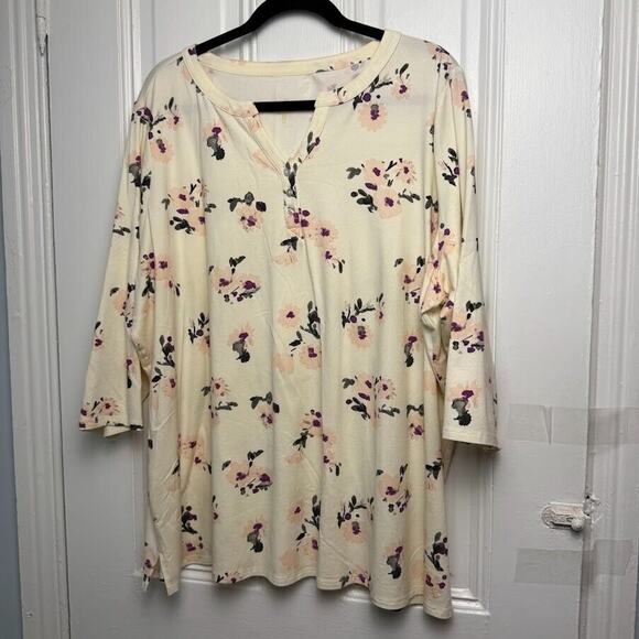 Belle Kim Gravel Blouse Womens 2X Yellow Floral Cotton Modal Plus Size Top - Picture 1 of 5